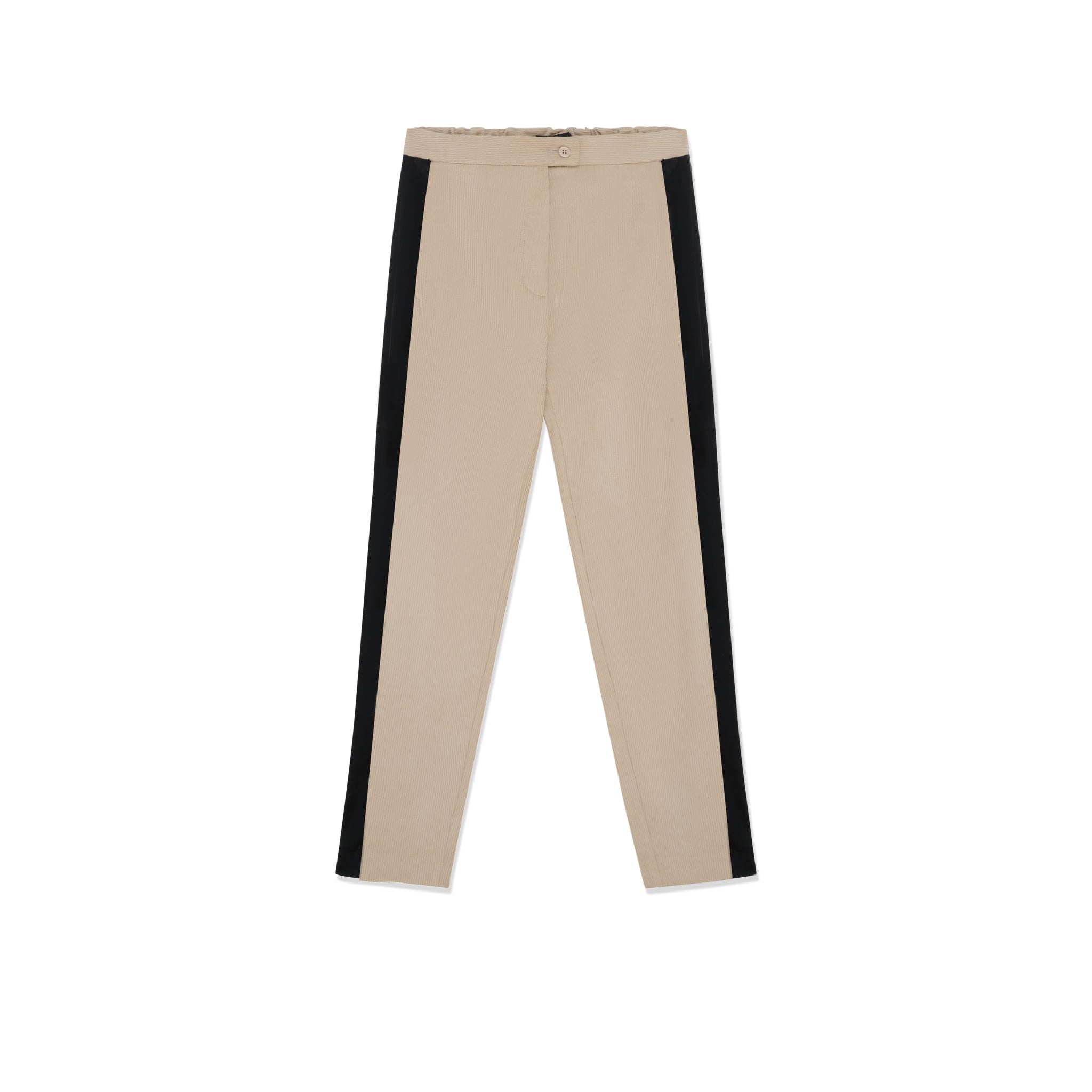Beige velvet trousers with black side stripe