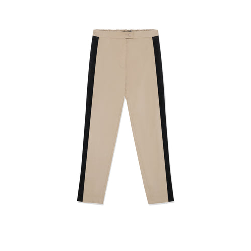Beige velvet trousers with black side stripe