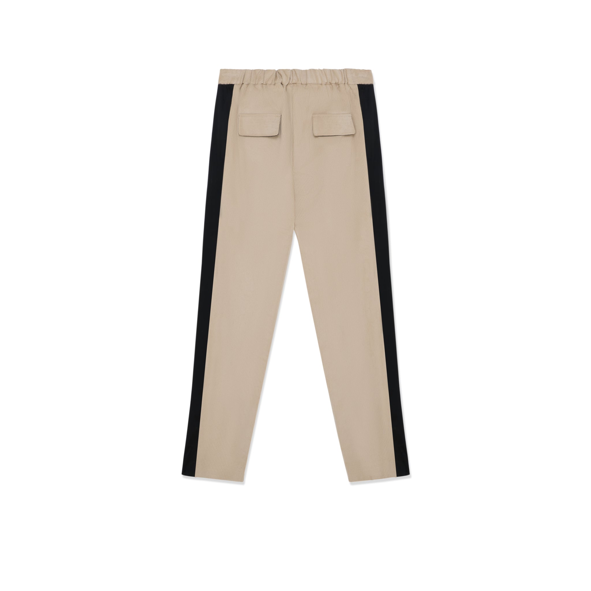 Beige velvet trousers with black side stripe